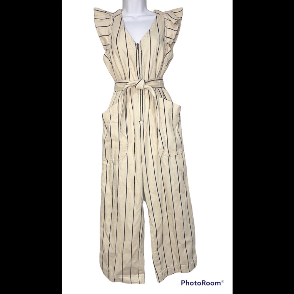 NWT Anthropologie Romper Jumpsuit, Beige w Navy Stripes, Sz 8